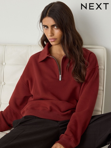 Chocolate Brown Essential Quarter Zip Neck Collarred Sweatshirt (F37311) | £26