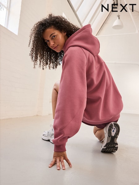 Rose Pink Oversized Relaxed Fit Heavyweight Longline Hoodie Sweatshirt with Seam Detailing (F37322) | £30