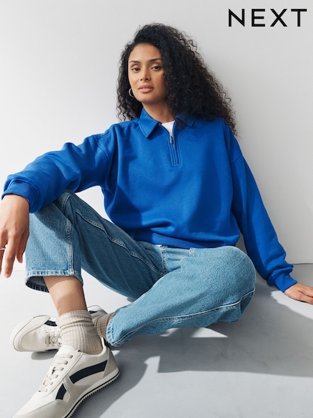 Cobalt Blue Essential Quarter Zip Neck Collarred Sweatshirt (F37323) | £26