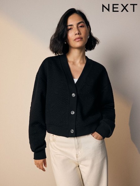 Black Jaquard Floral Print Relaxed Sleeve Button Up Cardigan (F37325) | £35