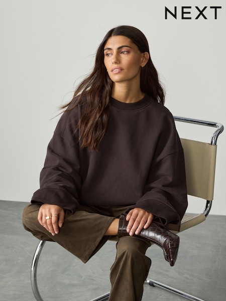 Chocolate Brown Elevated Crew Neck Long Sleeve Ribbed Sweatshirt (F37328) | £32