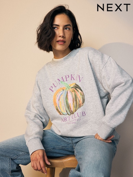 Grey Marl Graphic Halloween Painted Pumpkin Crewneck Longsleeve Sweatshirt (F37334) | £22