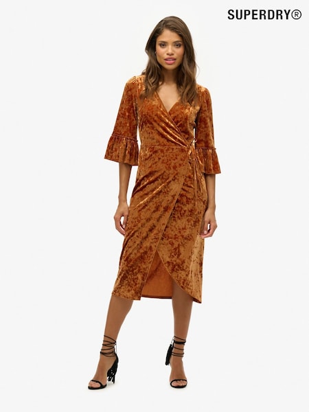 Superdry Brown Short Sleeve Velvet Wrap Midi Dress (F37421) | £75