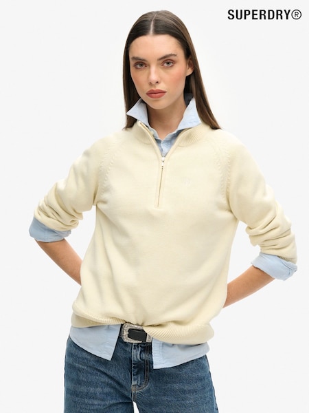 Superdry Cream Classic 100% Organic Cotton Knit Half Zip Jumper (F37429) | £55