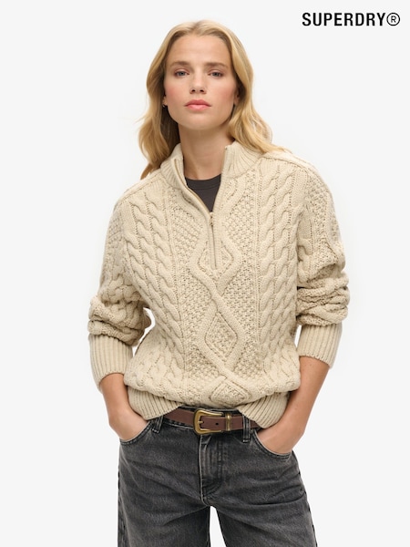Superdry Cream Aran Cable Knit Half Zip Jumper (F37432) | £60