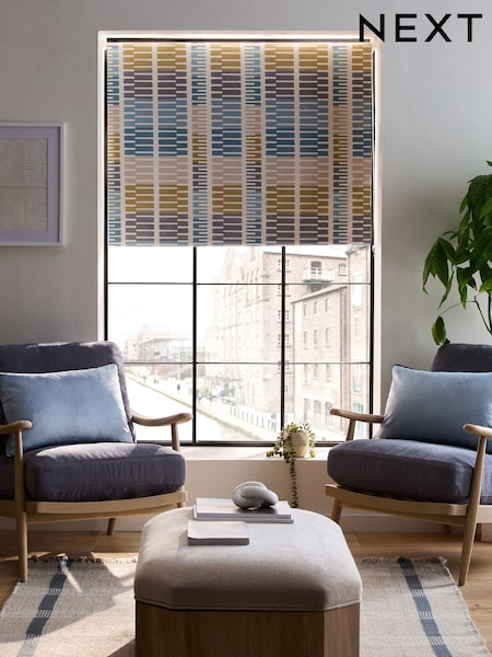 Blue/Yellow Ready Made Blackout Retro Geometric Print Roller Blind (F37455) | £18 - £46