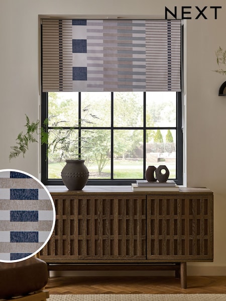 Grey/Natural Ready Made Blackout Stripe Geometric Print Roller Blind (F37458) | £18 - £46