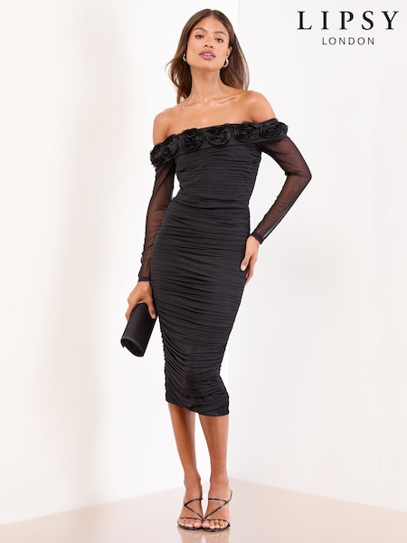 Lipsy Black Flower 3D Trim Bardot Long Sleeve Mesh Bodycon Midi Dress (F37758) | £90