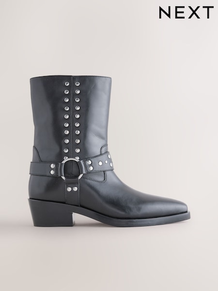 Black Leather Forever Comfort® Studded Hardware Pull-On Midi Boots (F37964) | £110