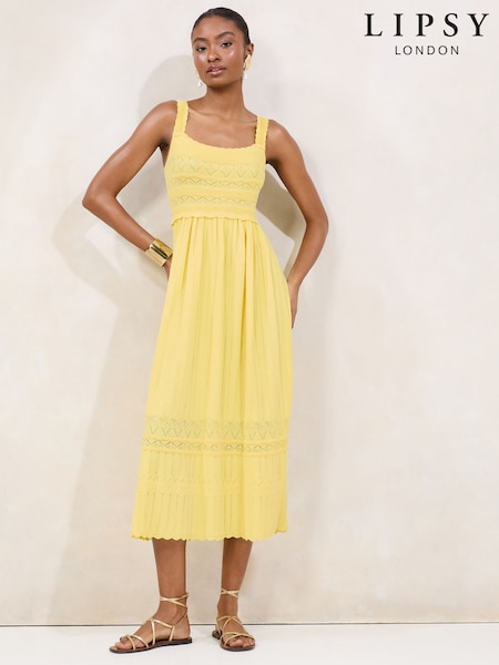 Lipsy Yellow Pointelle Stitch Scallop Summer Midi Knit Dress (F38107) | £65
