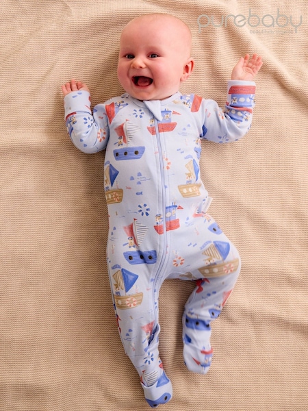 Purebaby Blue Printed 100% Cotton Zip Sleepsuit (F38154) | £22
