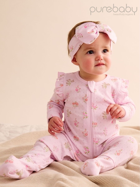Purebaby Pink Printed 100% Cotton Zip Sleepsuit (F38158) | £22