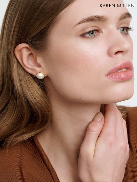 Karen Millen Gold Tone Logo Pearl Stud Earrings (F38246) | £40