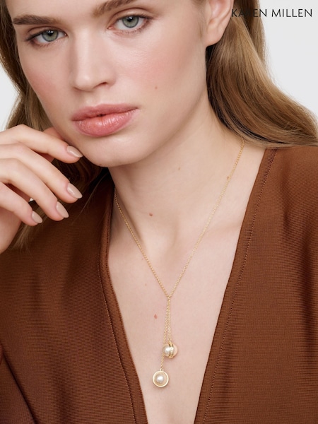 Karen Millen Gold Tone Logo Pearl Double Drop Necklace (F38251) | £55