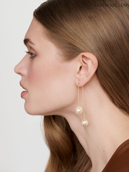 Karen Millen Gold Tone Logo Pearl Double Drop Earrings (F38260) | £55