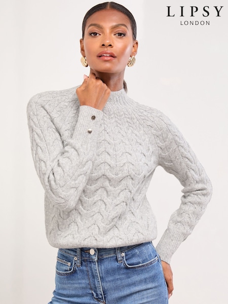 Lipsy Grey With Wool High Neck Cable Knit Blouson Sleeve Jumper (F38286) | £39