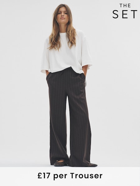 The Set Dark Navy/Chocolate Brown 2 Pack Pinstripe Wide Leg Pull On Trousers (F38499) | £34