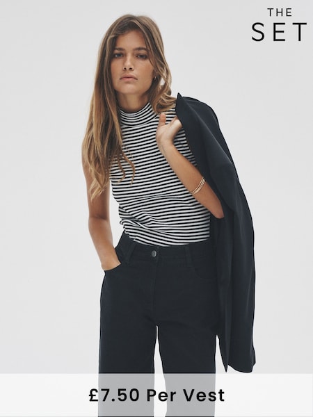 The Set Black/Grey Marl/Stripe 3 Pack Roll Neck Ribbed Vests (F38506) | £22.50