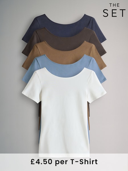 The Set Navy Blue/Chocolate Brown/Brown/Light Blue/Cream 5 Pack Scoop Back Fittted Short Sleeve T-Shirts (F38509) | £25