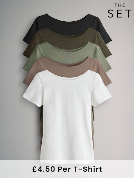 The Set Cream/Taupe Brown/Light Green/Khaki/Black 5 Pack Scoop Back Fittted Short Sleeve T-Shirts (F38512) | £0