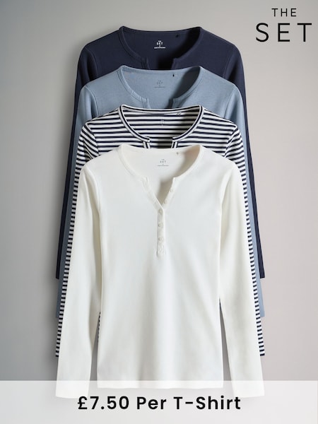 The Set Navy/Blue/Stripe/White 4 Pack Ribbed Henley Long Sleeve T-Shirts (F38514) | £30