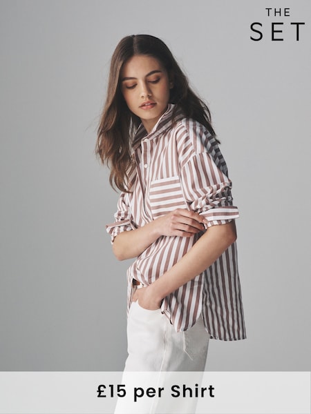 The Set White/Brown Stripe 2 Pack Cotton Poplin Button Through Shirts (F38517) | £30
