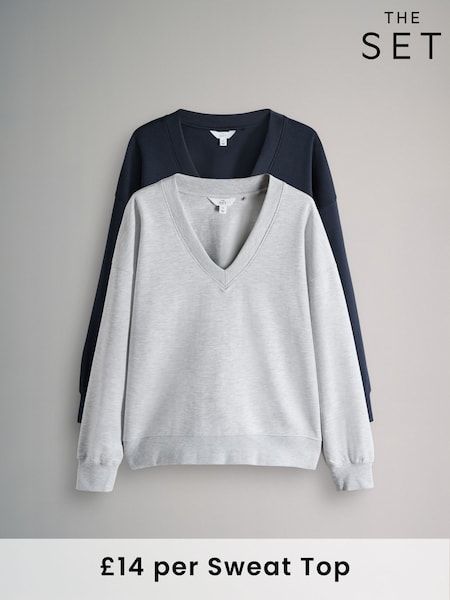 Navy/Grey Marl Interlock V-Neck Sweatshirts 2 Pack (F38518) | £0