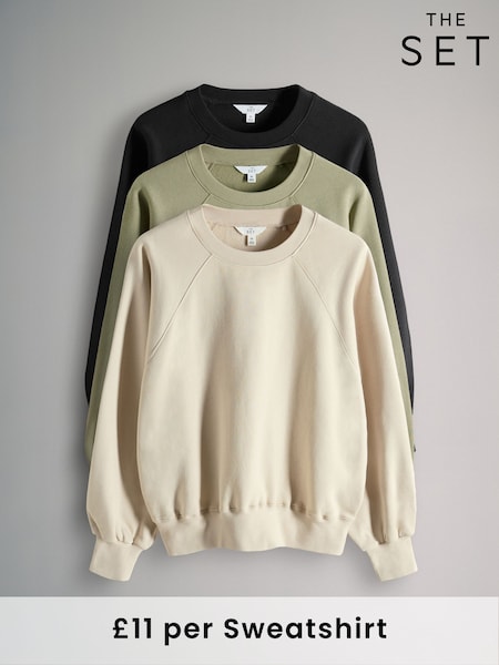 The Set Black/Stone/Khaki 3 Pack Raglan Crew Neck Sweatshirt (F38522) | £0