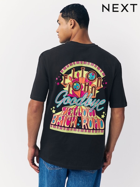 Black Elton John Regular Fit Band Graphic Print T-Shirt (F38572) | £25