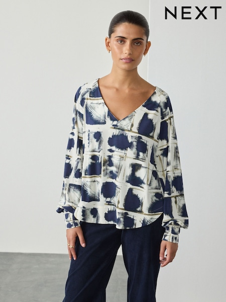 Navy Inky Check Long Sleeve V-Neck Jersery Blouse (F38650) | £32
