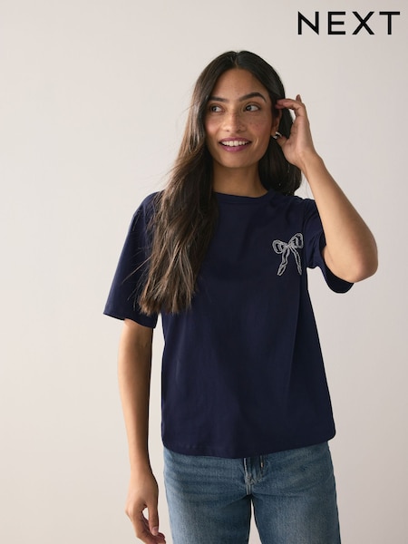 Navy Short Sleeve Embellished Bow T-Shirt (F38653) | £35