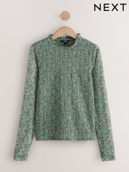 Sage Floral Print Long Sleeve Shirred Mesh Top (F38655) | £32