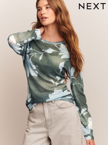 Green/Blue Print Long Sleeve Crew Neck Top (F38661) | £18