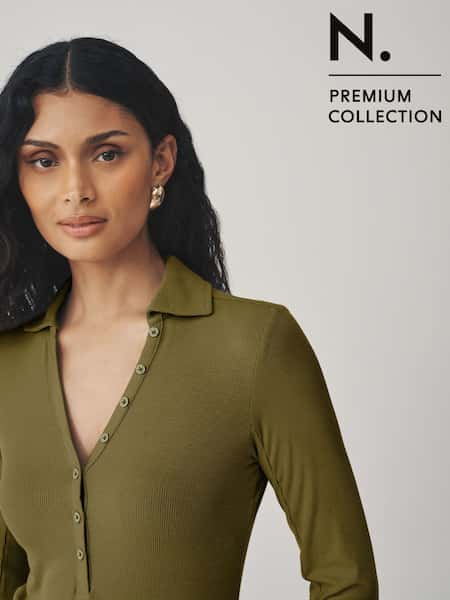 Olive Green N. Premium Long Sleeve Collar Polo Top (F38671) | £26