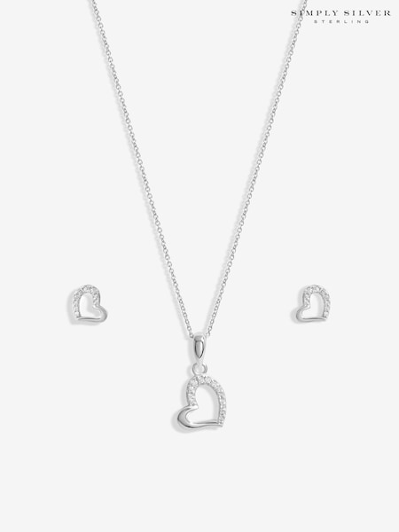 Simply Silver Silver Tone 925 Polished And Cubic Zirconia Heart Set - Gift Boxed (F38832) | £30