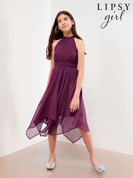 Lipsy Plum Purple Hanky Hem Halter Occasion Dress (7-16yrs) (F38939) | £39 - £47