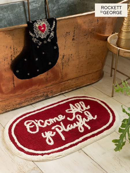 O'Come All Ye Red Playful Christmas Slogan 100% Cotton Bath Mat (F40011) | £24