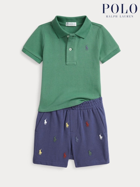 Polo Ralph Lauren Green Baby Polo Shirt and All Over Pony Shorts Set (F40029) | £109