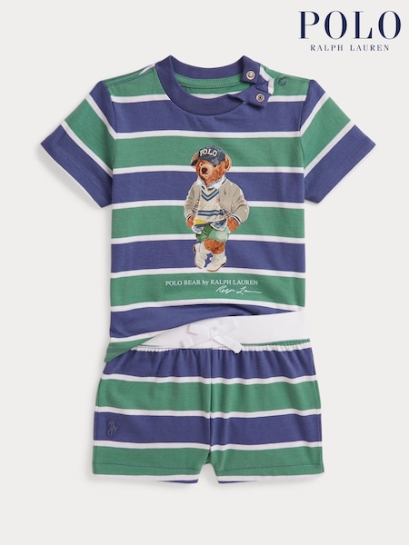 Polo Ralph Lauren Blue/Green Baby Polo Bear Graphic Stripe Sweat Top & Short Set (F40031) | £115