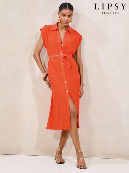 Lipsy Orange Short Sleeve Linen Look Button Down Midi Shirt Dress (F40086) | £59