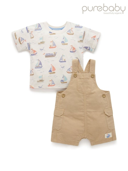 Purebaby Brown Linen Blend Dungaree and T-Shirt Set (F40089) | £40