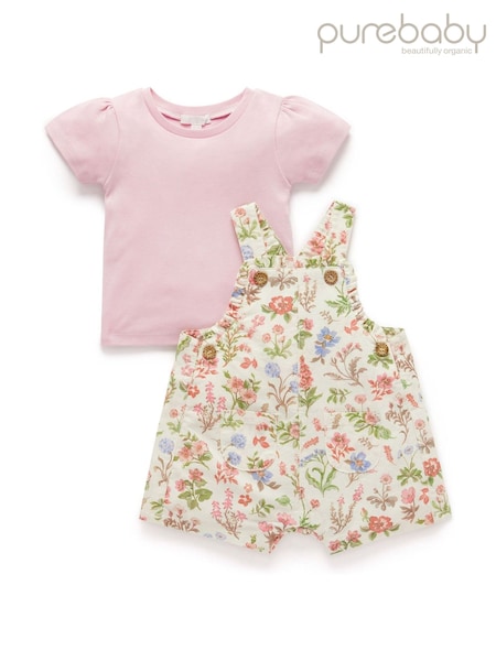 Purebaby Pink Linen Blend Dungaree and T-Shirt Set (F40091) | £40