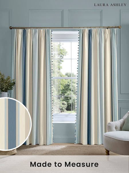 Laura Ashley Blue Awning Stripe Made to Measure Door Curtains (F40137) | £109