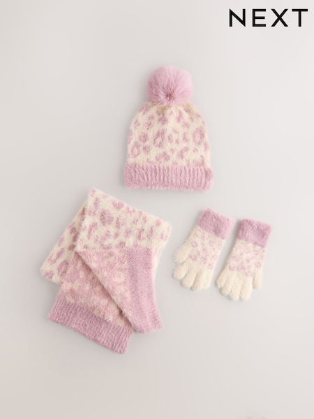 Pink Animal Print Beanie Gloves And Scarf Set (3-16yrs) (F40160) | £19 - £21