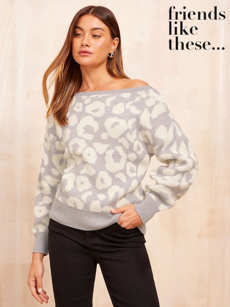 Friends Like These Grey Animal Off The Shoulder Jumper (F40168) | £36