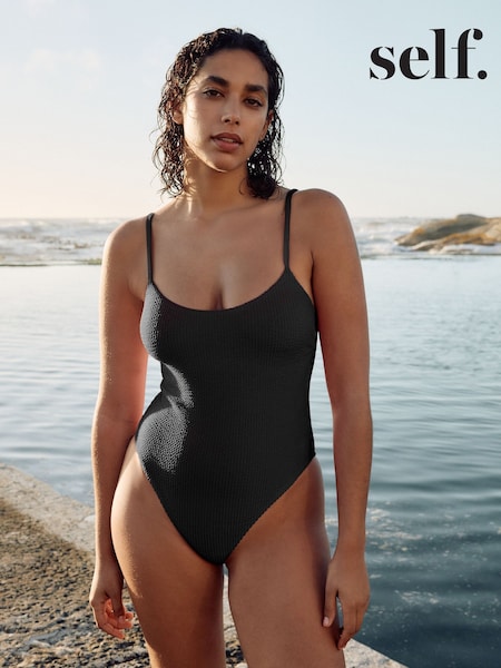 self. Black Crinkle Thong High Leg Scoop Swimsuit (F40177) | £25