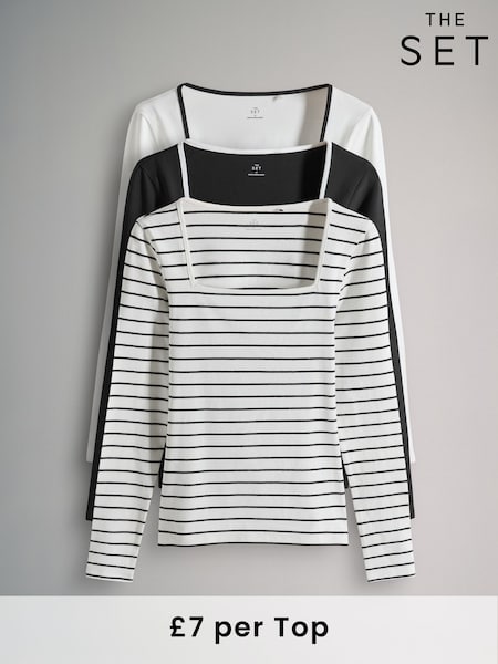 The Set Black/White/Stripe 3 Pack Square Neck Longsleeve T-Shirts (F40246) | £21