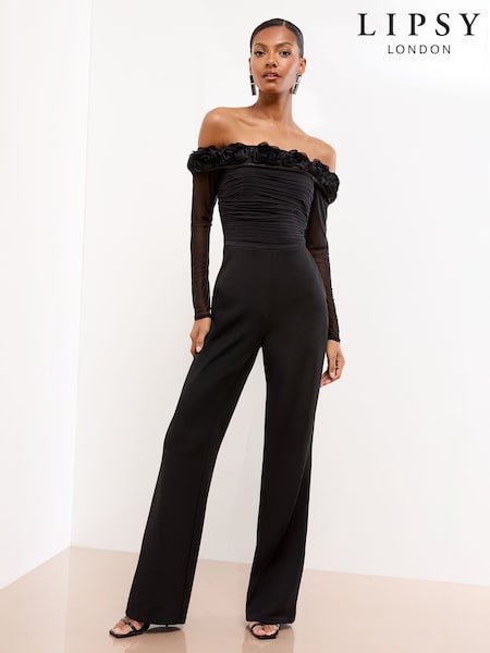 Lipsy Black Flower 3D Trim Bardot Long Sleeve Mesh Jumpsuit (F40258) | £98
