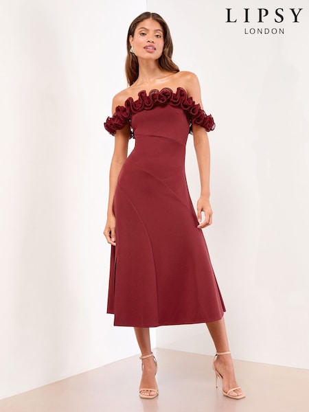 Lipsy Burgundy Red Ruffle Bardot Fit And Flare Midi Dress (F40276) | £79