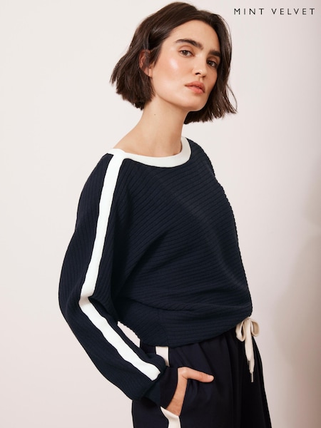 Mint Velvet Blue Cotton Blend Ribbed Batwing Jumper (F40621) | £89
